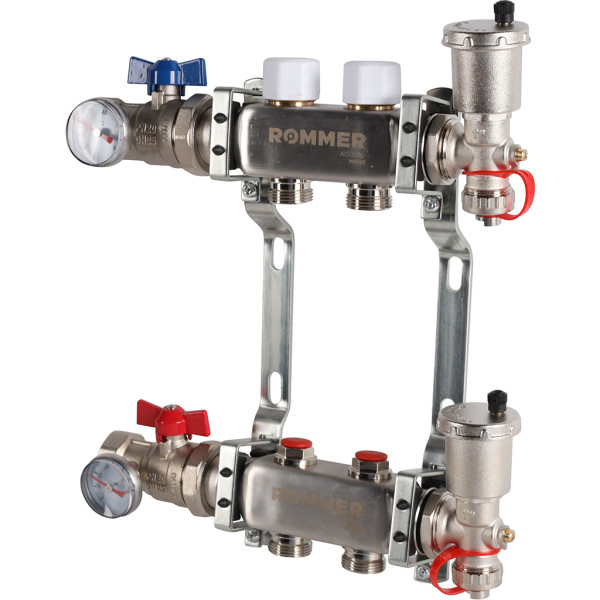 Коллекторная группа Rommer 2 отвода 1"x3/4" в сборе без расходомеров (нерж.сталь) (RMS-3210-000002)