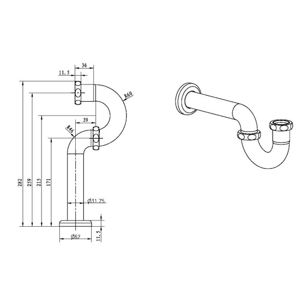 Сифон Boheme 32 мм. трубный Р-образный без выпуска Medici бронза (607)