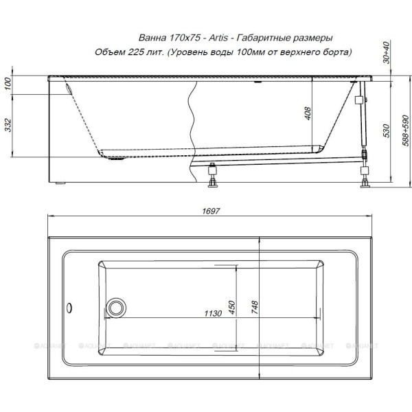 Ванна акриловая Aquanet Artis 170x75x64 белая (362844) Ванна акриловая Aquanet Artis 170x75x64 белая (362844)