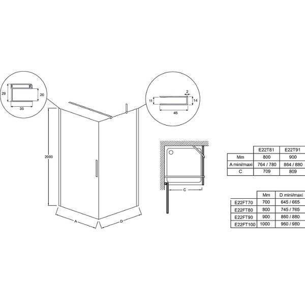 Душевая дверь Jacob Delafon Contra 90x200 стекло прозрачное, профиль черный (E22T91-BL)