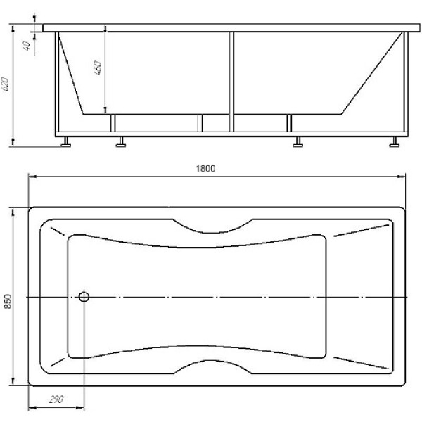 Ванна акриловая Акватек Феникс 180х85 на каркасе, с фронтальным экраном, слив-перелив