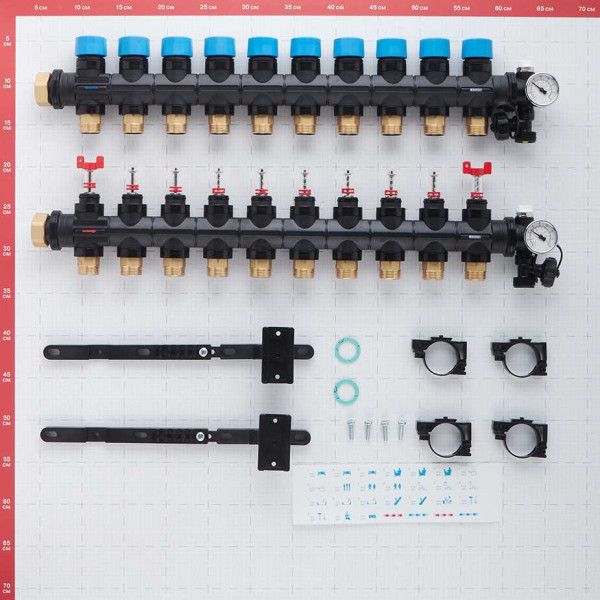 Коллекторная группа Henco 10 отводов 1"-3/4" НР ЕК M30х1,5 мм. с расходомерами и термометрами (композит) (UFH-0605MDK10-03L)