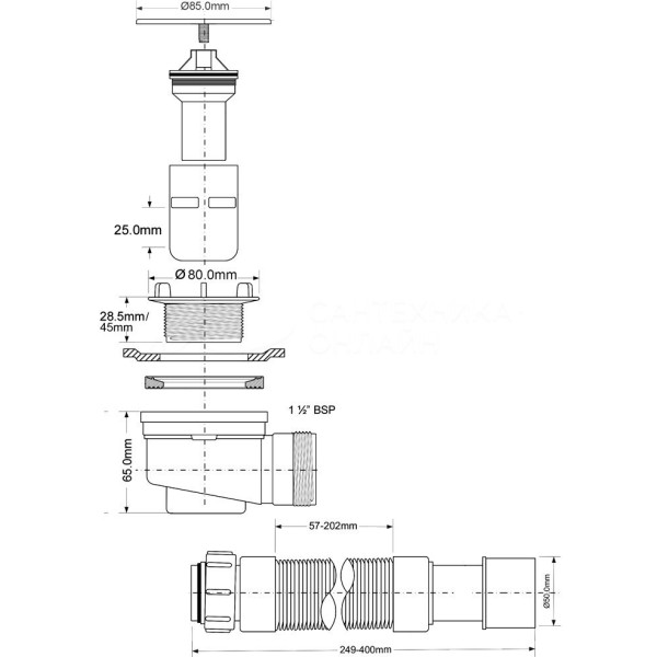 Сифон для душевого поддона McAlpine 80*40/50 хром (MRS6C-SLF-65)