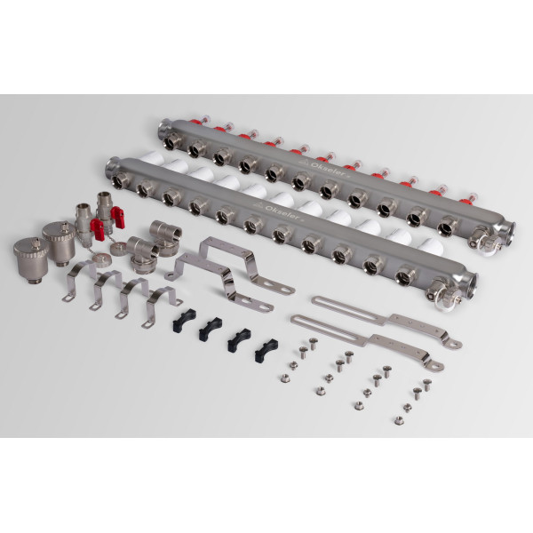 Коллекторная группа 11 отводов 1"*3/4"(18) ЕК с расходомерами Okseler (нерж.ст) с автоматическим воздухоотводчиком и спускным краном (Oks00349)