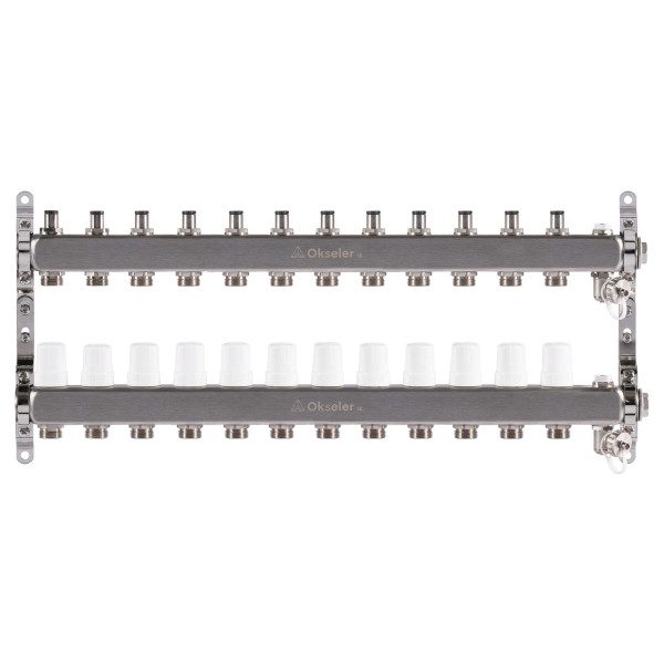Коллекторная группа 12 отводов 1"*3/4"(18) ЕК с регулировочными клапанами Okseler (нерж.ст) с дренажным краном и краном Маевского (Oks00311)