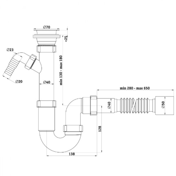 Сифон 40 мм. трубный АНИ с выпуском 1 1/2"*70 мм., с отводом для стир.машины, с гибкой трубой 40*40/50 АНИ пласт (D1015)