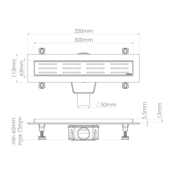 Лоток душевой 300 мм. Nova (боковой слив 360° D50, сухой затвор, решетка из нерж.ст / полоска горизонтальная) (5630) Лоток душевой 300 мм. Nova (боковой слив 360° D50, сухой затвор, решетка из нерж.ст / полоска горизонтальная) (5630)