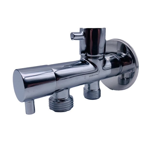 Кран угловой двойной Tiemme 1/2"x1/2"x3/8" НН хром, с чашкой (2950178)