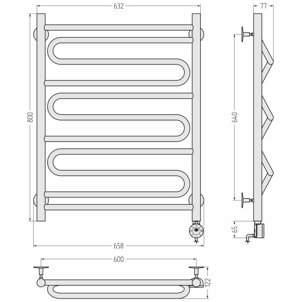 Полотенцесушитель электрический Сунержа Стилье Формат 22 ТП 800x600 (1+3+1) ПZП 21 провод слева/справа матовый чёрный (31522-8060)