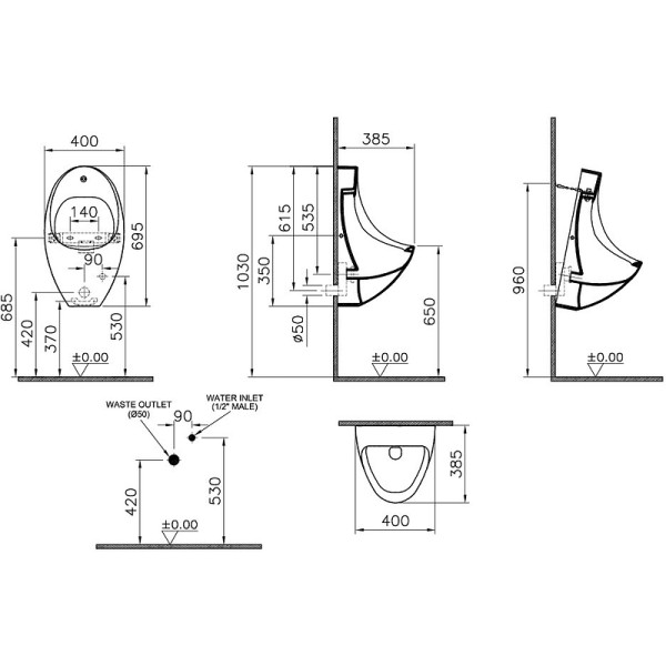 Писсуар Vitra Arkitekt с сенсорным смывом, питание от батарейки (4106B003-5597)