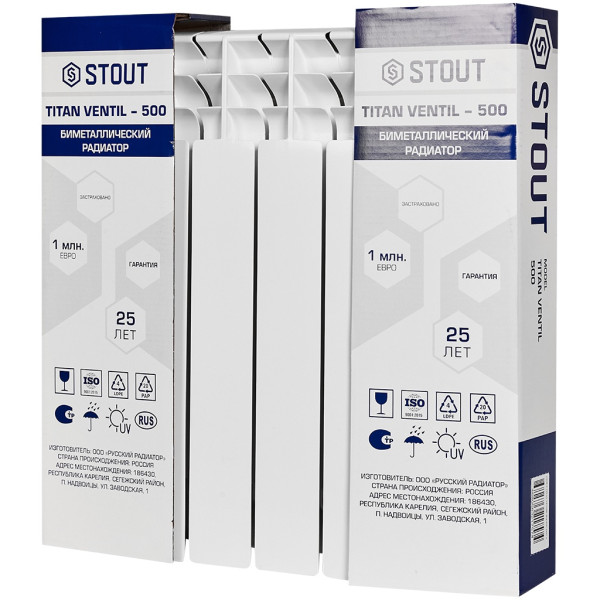 Радиатор биметаллический Stout Titan Ventil 500 (6 секций) нижнее правое подключение (белый RAL 9016) (SRB-3320-050006)
