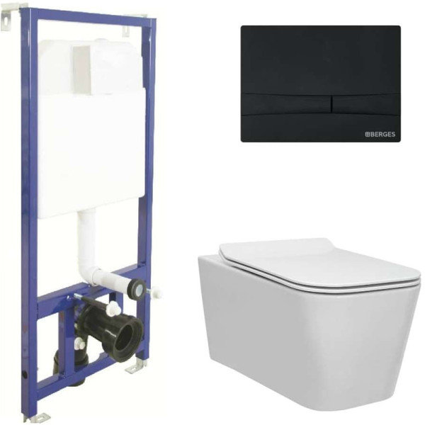 Комплект инсталляция с унитазом Berges Novum525 c с кнопкой F5 SoftTouch черная, унитаз FLOE Rimless, сиденье Floe Slim SO (043224)