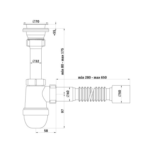 Сифон 40 мм. бутылочный АНИ с литым выпуском 1 1/2"*70 мм. с гибкой трубой 40*50 АНИ пласт (C0510) Сифон 40 мм. бутылочный АНИ с литым выпуском 1 1/2"*70 мм. с гибкой трубой 40*50 АНИ пласт (C0510)