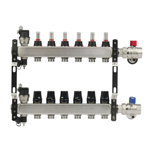 Коллекторная группа 6 отводов 1"*3/4"(18) ЕК с расходомерами Okseler (нерж.ст) с автоматическими воздухоотводчикоми и шаровыми кранами с термометрами