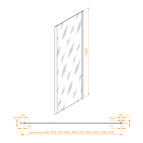 Душевая перегородка RGW Z-050-5-B 70x190 стекло прозрачное, профиль черный (352205507-14)