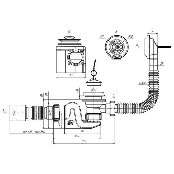 Обвязка для ванны АНИ с выпуском 1 1/2"*40 сифон Бриг с гибкой трубой 375*40/50 АНИ пласт (E655)