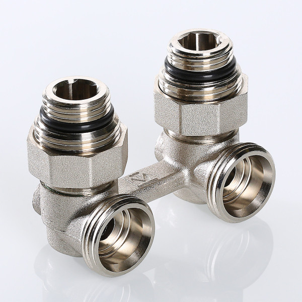 Фитинг двойной угловой со встроенным шаровым краном 1/2"*3/4"(18) евроконус Valtec VT.345.KNA (c комплектом адаптеров) (VT.345.KNA.E04)