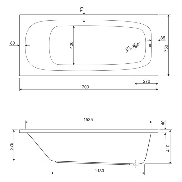 Ванна акриловая Cezares Eco 170x75x60 белый (ECO-170-75-41-W37)