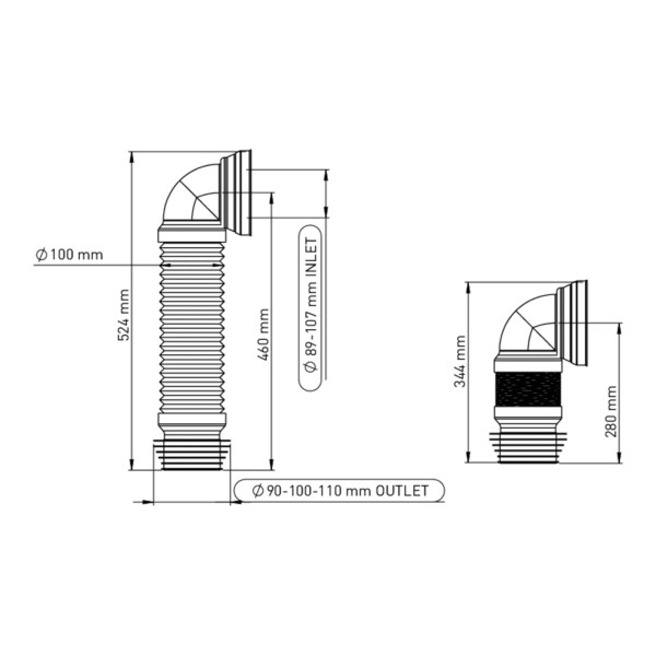Отвод для унитаза гофрированный Nova 110 мм. под углом 90° с манжетой (L=500 мм.) (7044)