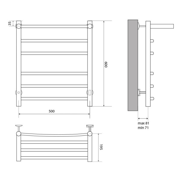 Полотенцесушитель электрический Melodia Shelf Electro 500x600 П5 2x3 93Вт встроенный диммер, хром, с полочкой