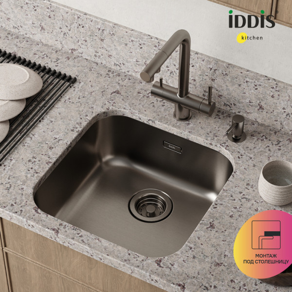 Мойка встраиваемая Iddis Mate 44,6x44,6x18 Mate сифоном графит (MAT44GMi77)