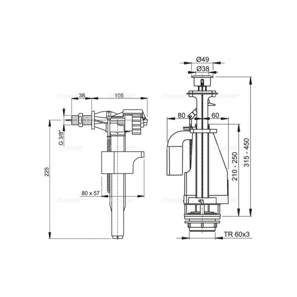 Арматура для смывного бачка Alcaplast с двойной кнопкой, впускной механизм (SA08SK 3/8" CHROM)