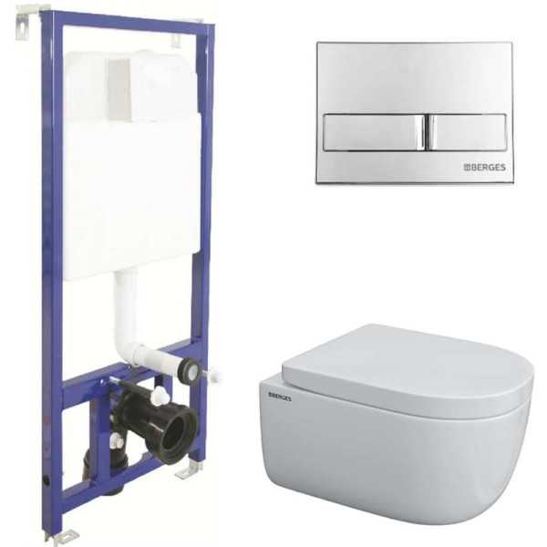 Комплект инсталляция с унитазом Berges Novum525 c с кнопкой L3 хром глянец, унитаз EGO Rimless 49см, сиденье Toma SO (043231)
