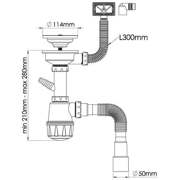 Сифон 40 мм бутылочный Nova 3 1/2"х114 мм с 1-им отв., прямоуг. переливом и гибкой трубой 1 1/2"х40/50 (1047)