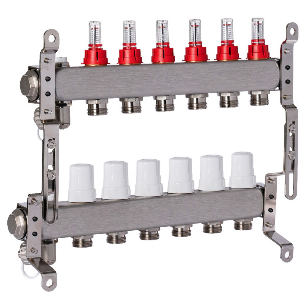 Коллекторная группа 6 отводов 1"*3/4"(18) ЕК с расходомерами Okseler (нерж.ст) с дренажным краном и краном Маевского (Oks00316)