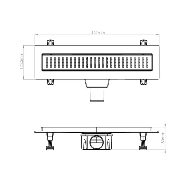 Лоток душевой 400 мм. Nova (боковой слив 360° D50, сухой затвор, решетка из нерж.ст / полоска вертикальная) (5640.005)
