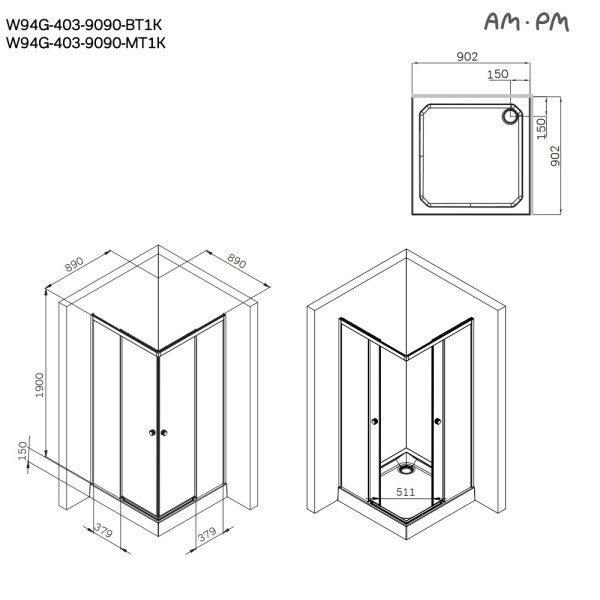 Душевой уголок AM.PM X-joy 90x90 стекло прозрачное, профиль черный матовый (W94G-403-9090-BT1K)
