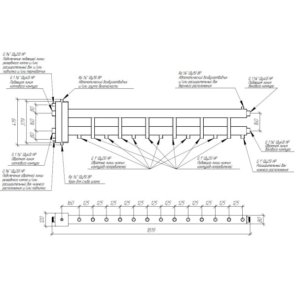 Коллектор балансировочный Gidruss BMSS-150-7D (нерж., до 150 кВт, подкл. котла G 1 1/2", 6 контуров G 1", боковой контур G 1 1/2", нерж ст.)