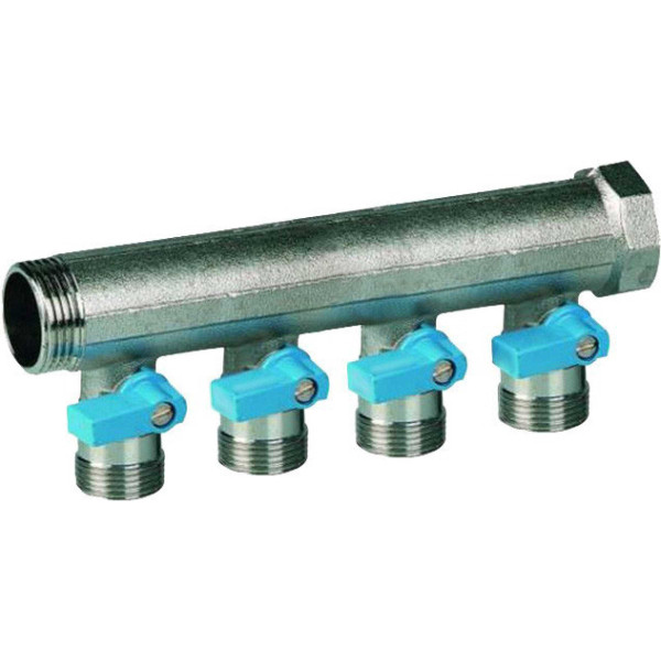 Коллектор 4 отв. с синими шаровыми кранами 1"х3/4"НР под евроконус, Henco синие ручки (VB060504-BLAUW)