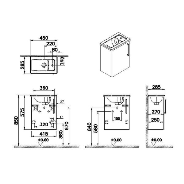 ТУмба подвесная Vitra Root 45 см с квадратной раковиной, с дверцей, глянцевый белый, левосторонняя (66342)