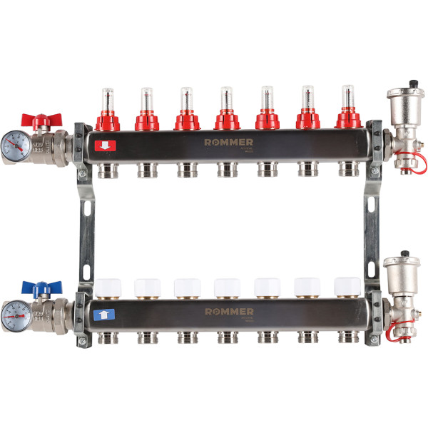 Коллекторная группа Rommer 7 отводов 1"x3/4" в сборе с расходомерами (нерж.сталь) (RMS-1210-000007)