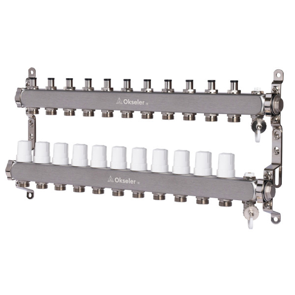 Коллекторная группа 11 отводов 1"*3/4"(18) ЕК с регулировочными клапанами Okseler (нерж.ст) с дренажным краном и краном Маевского (Oks00310)