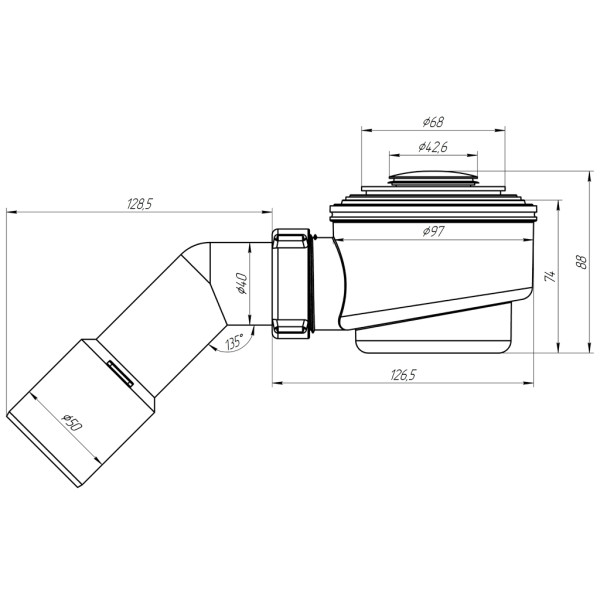 Сифон для душевого поддона АНИ 1 1/2"*50 (h=77 мм.) с переходной трубой 45° 40/50 клик-клак (хром) АНИ пласт (E411CL)
