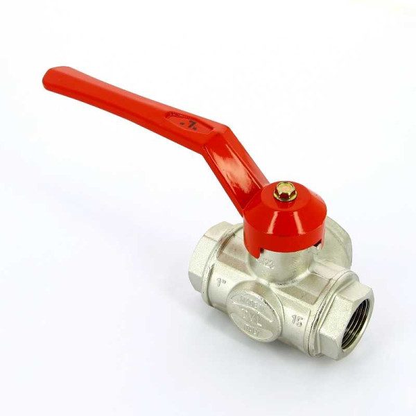 Кран Itap 1" шаровый трёхходовой L-порт (красная ручка-рычаг) (1280100L)