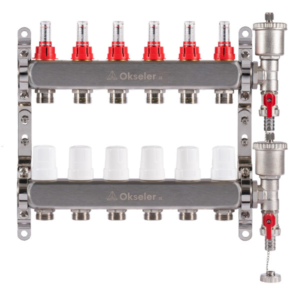 Коллекторная группа 6 отводов 1"*3/4"(18) ЕК с расходомерами Okseler (нерж.ст) с автоматическим воздухоотводчиком и спускным краном (Oks00344)