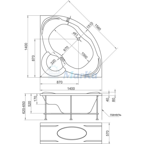 Ванна акриловая Marka One Trapani 140х140 без гидромассажа