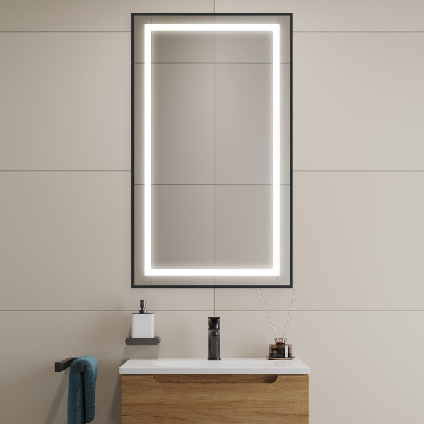Зеркало BelBagno 500x900x32 в алюминиевой раме со встроенным светильником и сенсорным выключателем по периметру рамы (SPC-KRAFT-500-900-SENS-NERO)