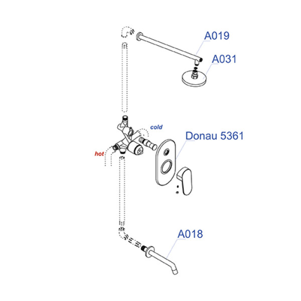 Встраиваемый комплект для ванны WasserKRAFT А13031 с изливом и верхней душевой насадкой