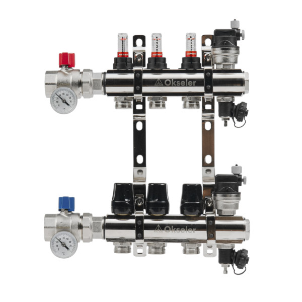 Коллекторная группа 3 отвода 1"*3/4"(18) ЕК с расходомерами Okseler (латунь) с автоматическими воздухоотводчикоми и шаровыми кранами с термометрами (O