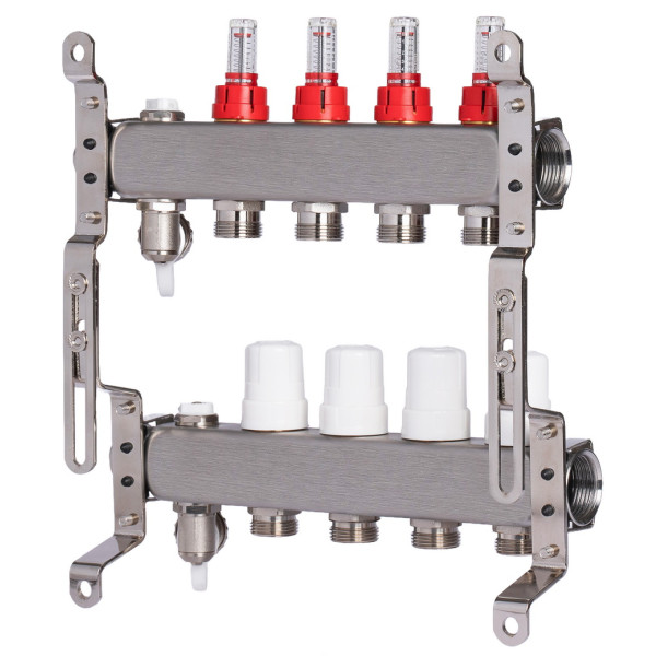 Коллекторная группа 4 отвода 1"*3/4"(18) ЕК с расходомерами Okseler (нерж.ст) с дренажным краном и краном Маевского (Oks00314)