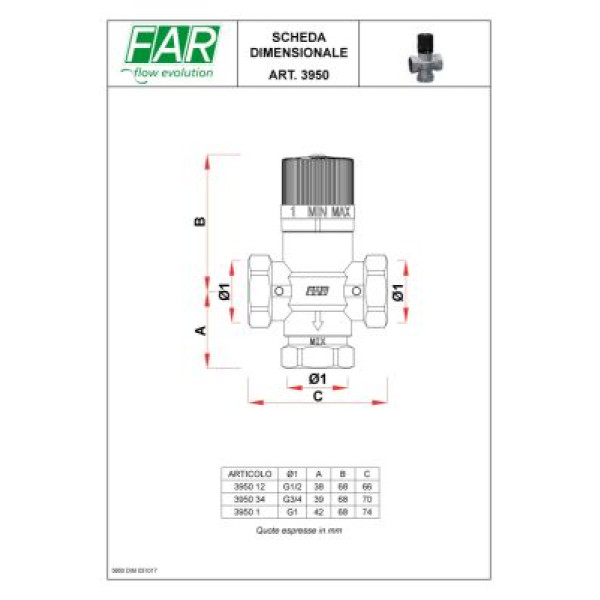 Трехходовой смесительный клапан термостатический FAR TermoFAR 3950 12 муфтовый (ВР), Ду 15 (1/2"), Kvs 2.2 Трехходовой смесительный клапан термостатический FAR TermoFAR 3950 12 муфтовый (ВР), Ду 15 (1/2"), Kvs 2.2