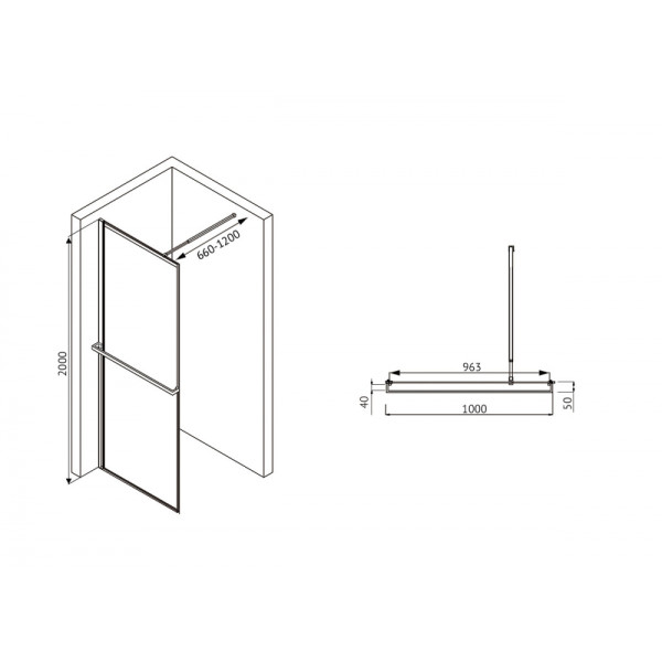 Душевая стенка Abber Immer Offen 100x200 стекло прозрачное, профиль черный (AG60100B8)