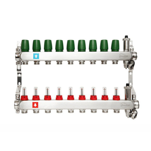 Коллекторная группа 9 отводов 1"х3/4" Arrowhead с расходомерами, дренажом и воздухоотводчиком нерж.сталь (CS-550-09)
