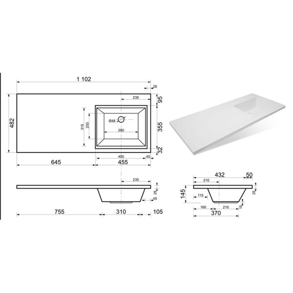 Раковина накладная Melodia Даллас -1100 110x14,5 (чаша справа) (MFR79593WT)