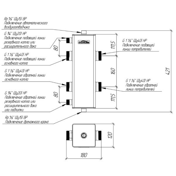 Гидрострелка Gidruss GR-150-40 (до 150 кВт, G 1 1/2", сталь 09Г2С) Гидрострелка Gidruss GR-150-40 (до 150 кВт, G 1 1/2", сталь 09Г2С)