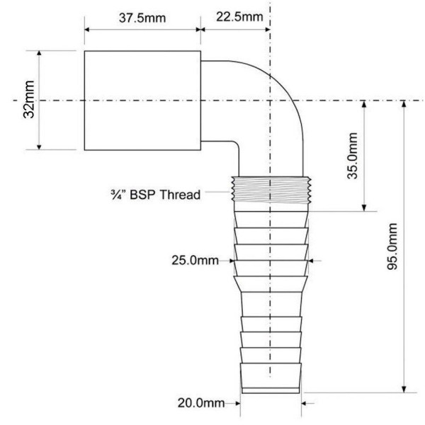 Вставка угловая для подключения бытовой техники McAlpine 32 мм (MRWMF90-32)
